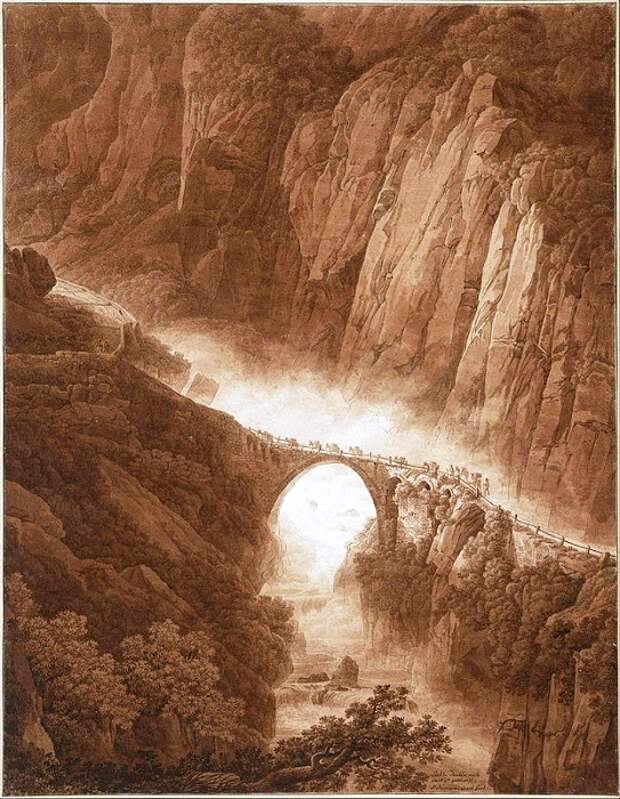 Дьявольский мост в ущелье Шелленен на пути через перевал Св. Готтарда с поездом Мула, до 1805 года. Картина Питера Бирмана (1758-1844). 