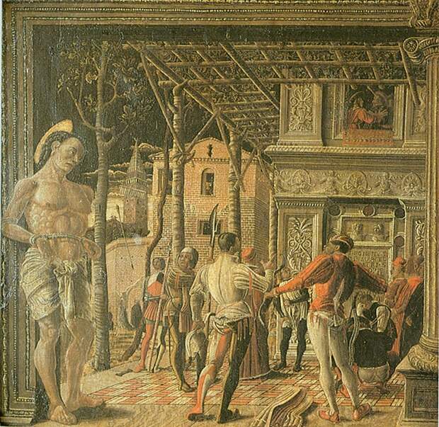 Андреа Мантенья, мученичество святого Христофора, ок. 1448 год, Падуя, репродукция. Оригинал был уничтожен или сильно поврежден во время Второй мировой войны.