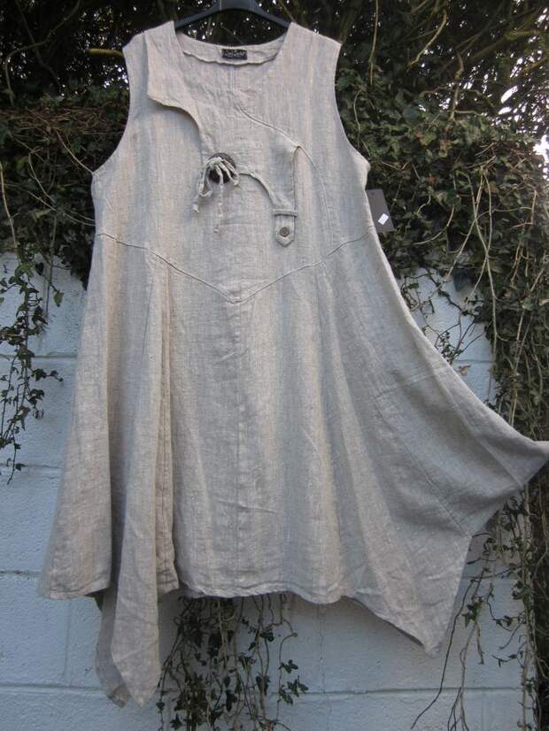 SARAH SANTOS LINEN DRESS OATMEAL QUIRKY HEM BNWT 46" bust LAGENLOOK ETHNIC | eBay