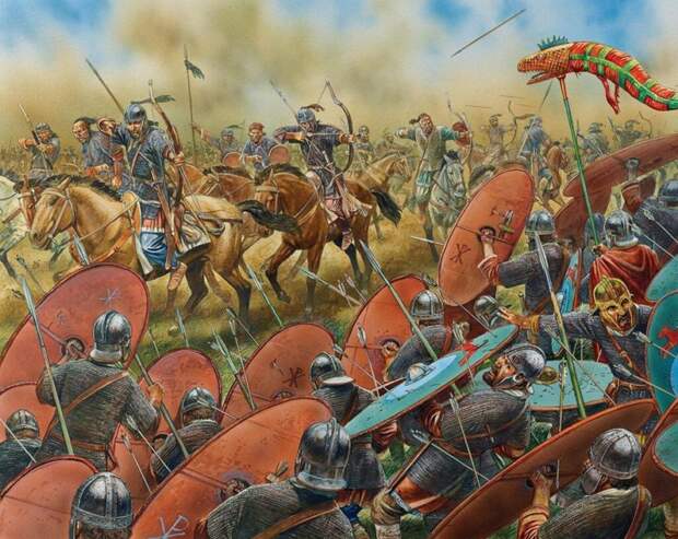 Вестготы отбивают атаку легкой кавалерии гуннов. Каталаунские поля, 451 год.