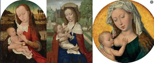 Работы европейских художников 14-х 15-х веков. Грудь нарисована анатомически не верно, слишком высоко в районе шеи.