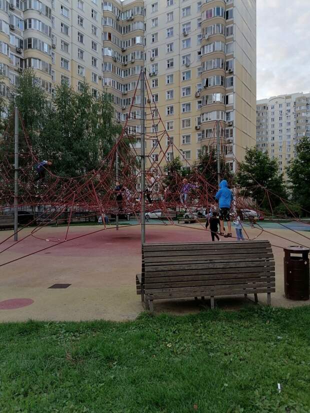 Фото дня: на детской площадке на Большой Марфинской дети освоили «Паутинку»
