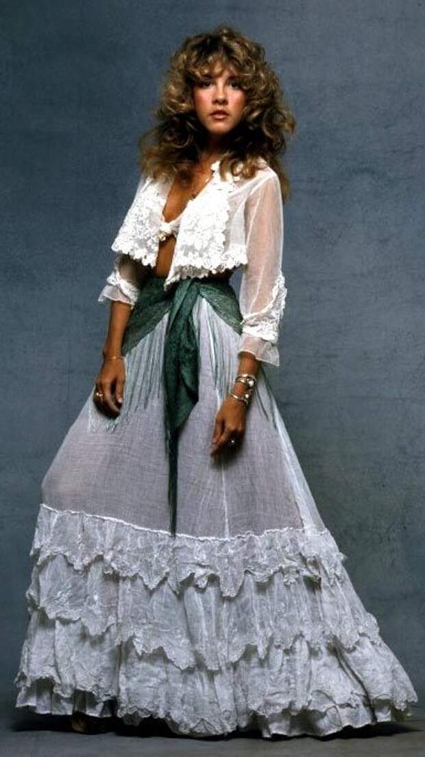Stevie Nicks wearing an amazing white gauze dress, 1970s