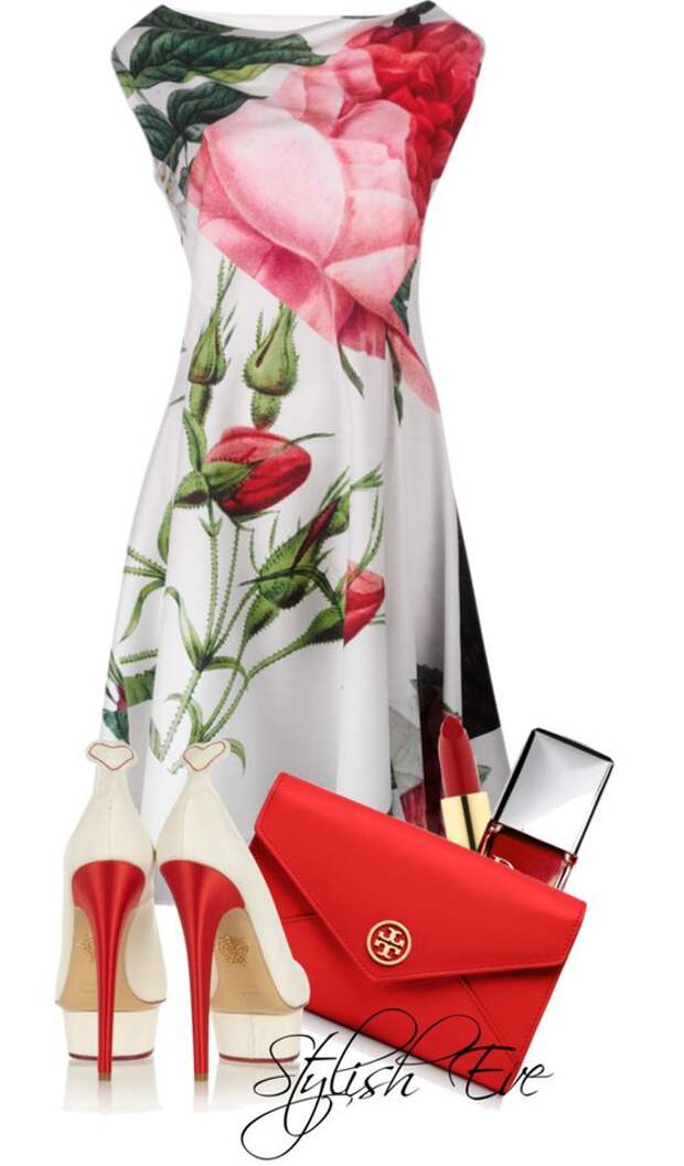 Платье в цветочек и красная сумка