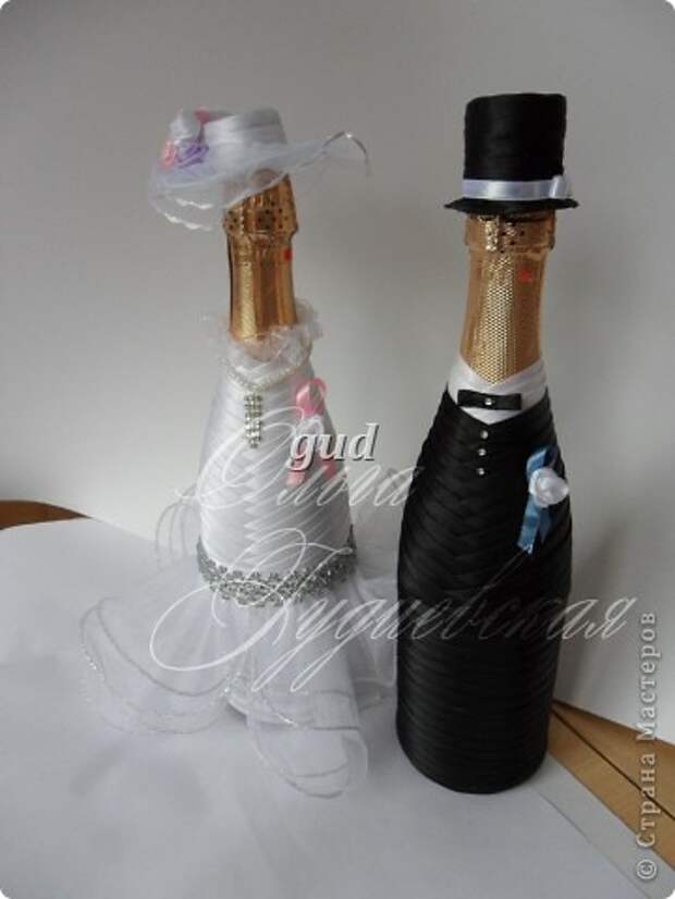 Декор предметов Мастер-класс Свадьба Аппликация Свадебные бутылочки и МК Ленты фото 1