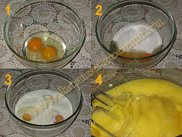 Перемешиваем яйца, сахар и кефир