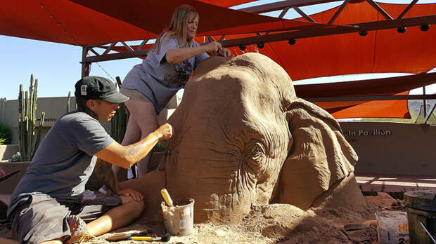 Потрясающая скульптура из песка изображает слона в натуральную величину, играющего с мышью в шахматы мышь, скульптура, слон, шахматы