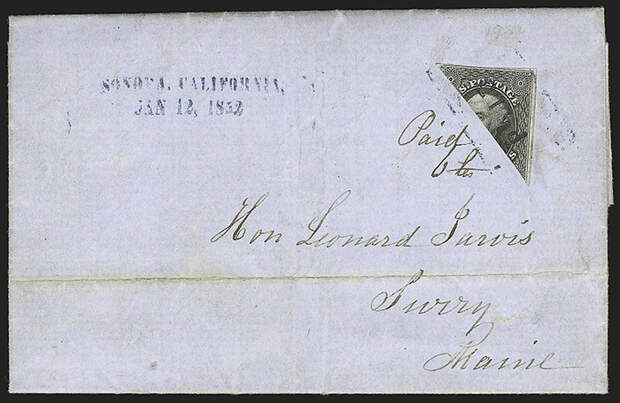 Разрезанная пополам американская марка. 12 января 1852 года.