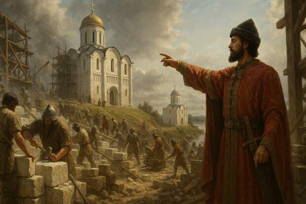 XII век. Строительство древнего Владимира. На холмах гулкое движение: десятки каменотёсов в пыльных рубахах тянут белые каменные блоки, работают молотками и резцами. В воздухе пыль, запах смолы и дыма от факелов. Князь Андрей Боголюбский, в княжеской одежде, указывает рукой на возводящийся храм.