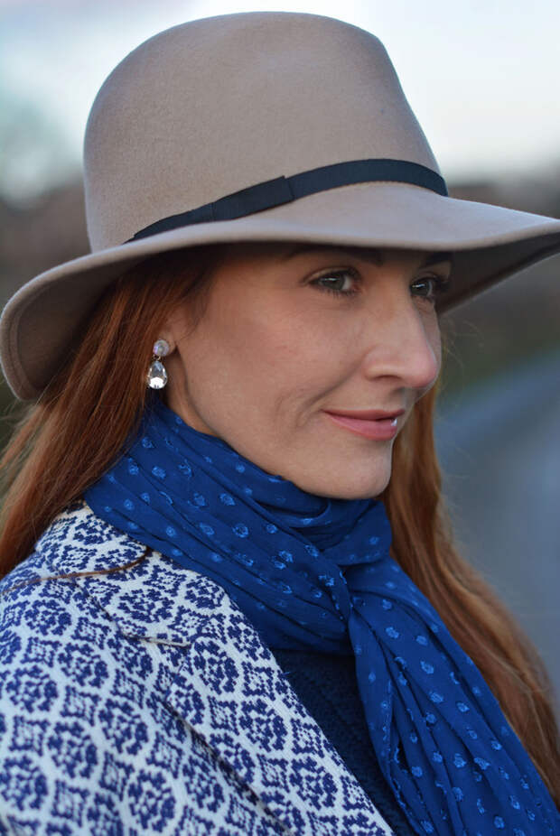 Blue tapestry coat, taupe fedora, blue polka dot scarf