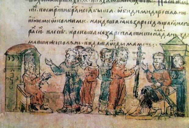 Поляне дают дань хазарам. Миниатюра Радзивилловской летописи, XV век