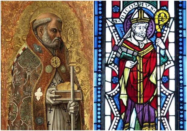Слева направо: Святой Николай из Бари, Карло Кривелли, 1472 год. \ Витраж Святого Николая, 1340-50 годы.