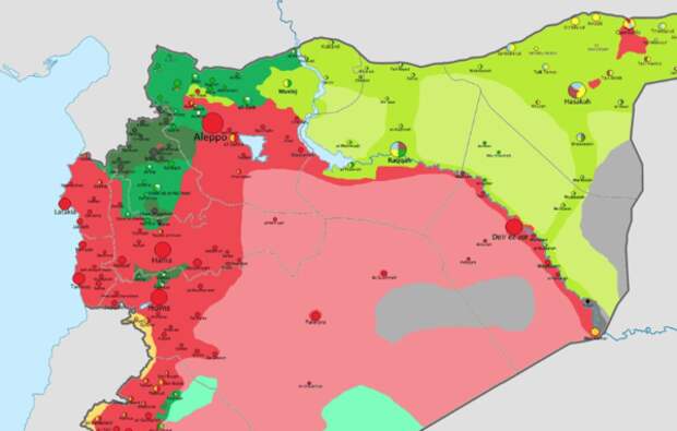 Идлибская зона деэскалации на севере страны отмечена темно-зеленым