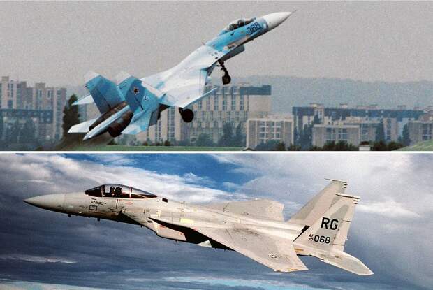 Су-27 (сверху) и F-15 Eagle Владимир Яцина/ТАСС, USAF