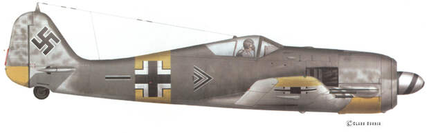 Fw 190A-6 W.Nr. 550 528, самолёт-ветеран с непростой судьбой. Сначала он попал в Stab I./JG 54, на нём летал командир группы гауптман Хорст Адемайт (Horst Ademeit), ас с 166 победами. После планового ремонта летом 1944 года самолёт попал в Stab II./JG 54 — и на нём стал летать командир группы майор Рудорффер. Самолёт был потерян 15 декабря 1944 года, когда вылетевший на нём молодой пилот унтер-офицер Вальтер Леве (Uffz. Walter Lewe) был сбит в бою с «Аэрокобрами» и погиб. Художник — Клаес Сундин - Рекорды Эриха Рудорффера: от Туниса до Прибалтики | Военно-исторический портал Warspot.ru