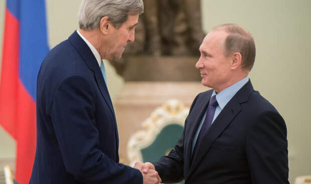Президент России Владимир Путин и государственный секретарь Соединенных Штатов Америки Джон Керри во время встречи в Кремле
