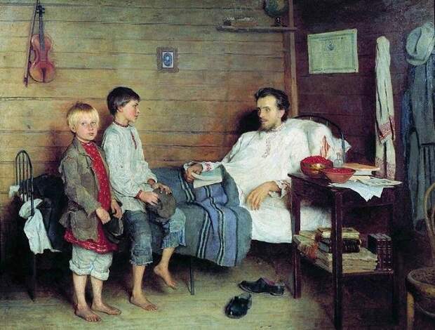 У больного учителя. Н. П. Богданов-Бельский, 1897 год. | Фото: allpainters.ru.