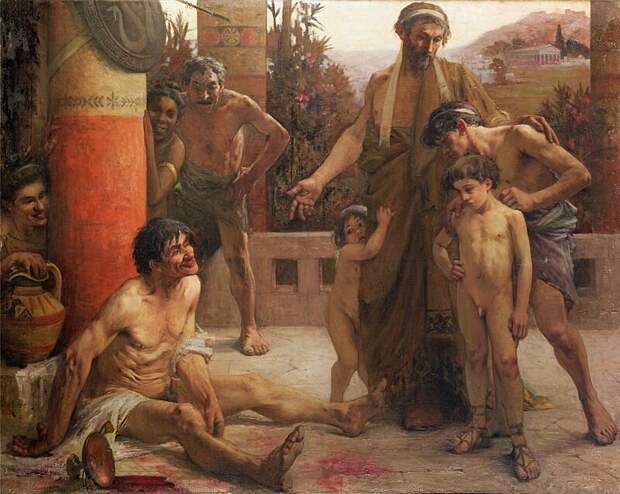 Потребление алкоголя спартанцами было полностью запрещено, а чтобы привить молодёжи отвращение к выпивке перед ними специально напаивали в полный драбадан илотов.