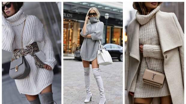 Без штанов! Стильные образы с платьем-свитером и сапогами
