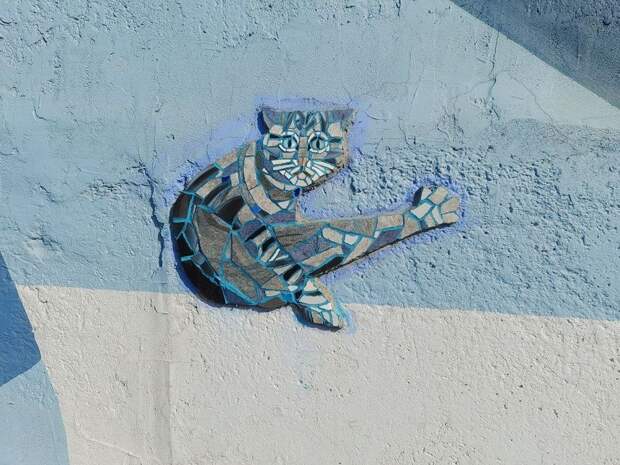 Домашний кот пришёл на стену с мозаиками около Покровского парка