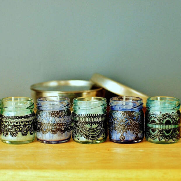 Набор из трех марокканских Inspired мини-Jar свечи Синее стекло с черными кружевами Детализация