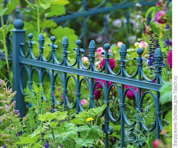 Кованый забор выглядит очень эффектно и придает палисаднику романтичный вид. Цвет и дизайн такого ограждения могут быть самыми разными, главное, чтобы элемент вписывался в общий стиль сада