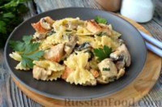 Фото к рецепту: Паста фарфалле с индейкой и грибами в сливочном соусе