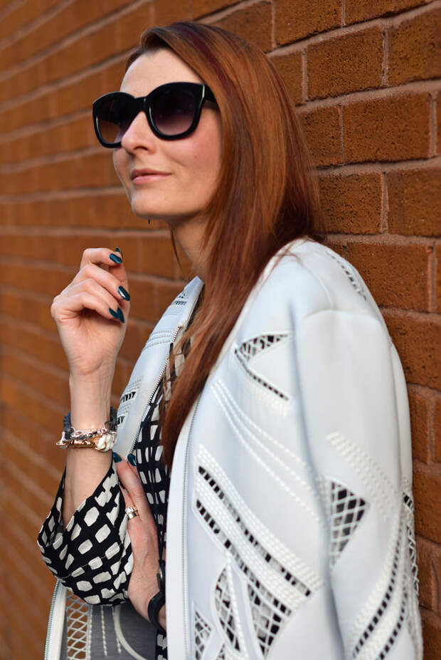 White cut out jacket, black and white graphic top