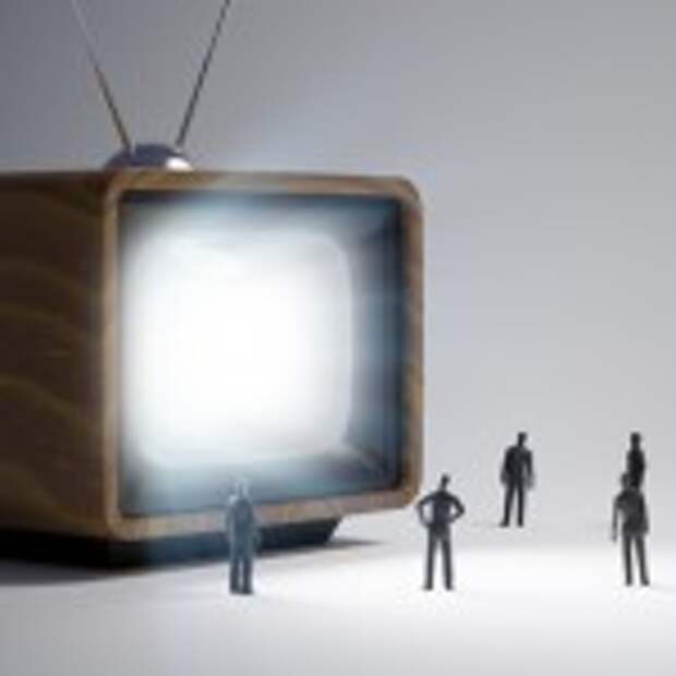 Group of tiny people watching a TV program in vintage television set