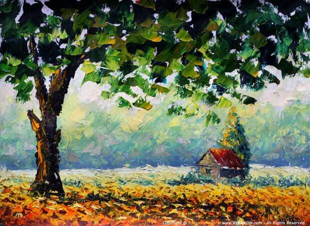 Осенний пейзаж маслом и мастихином: "Одинокий домик встречает осень", холст, масло, мастихин.50х69, 2011г.