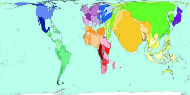 Так бы выглядели страны, если бы их размер определялся плотностью их населения