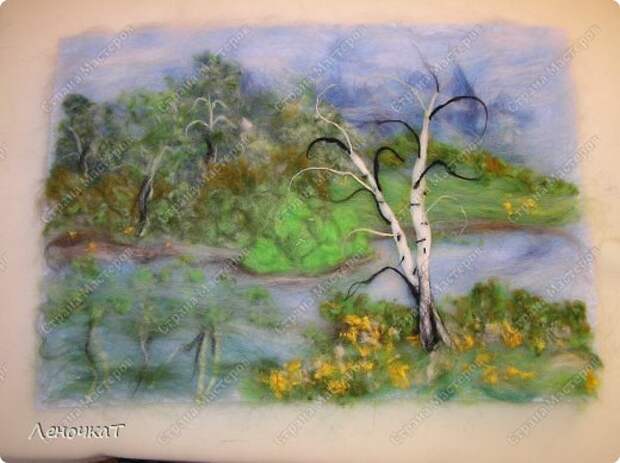 Картина панно рисунок Мастер-класс Валяние фильцевание Берёзовая роща у реки Шерсть фото 16