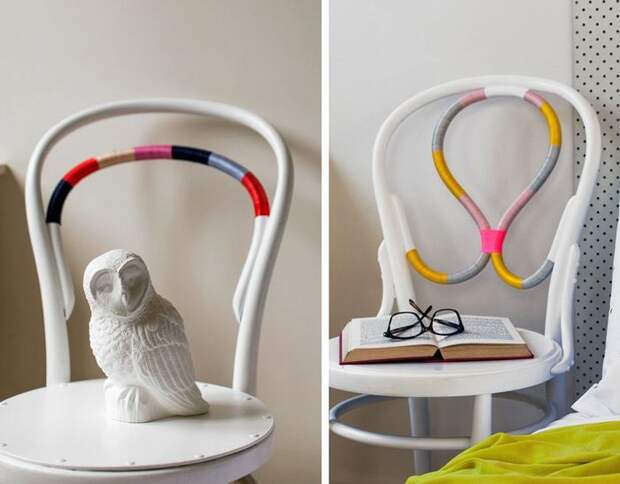 Спинка стула, декорированная яркими нитками.