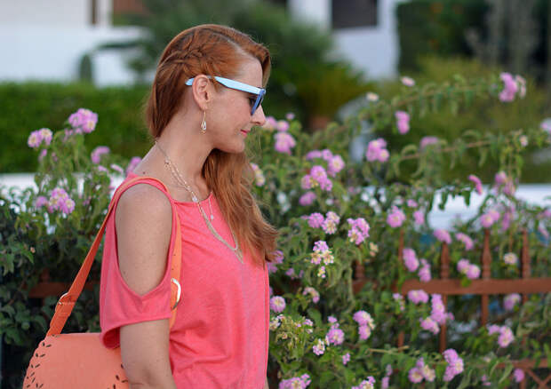 Coral cold shoulder top, blue Marc Jacobs sunglasses | Not Dressed As Lamb