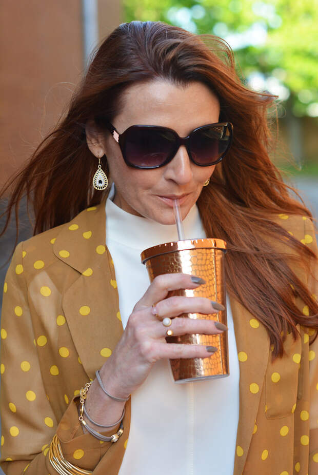 Springtime brights: Mustard polka dot blazer, pink chinos, taupe mules