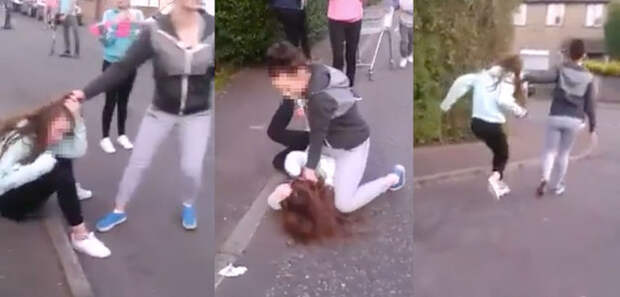 The whole incident was filmed on a mobile phone on a suburban street as a crowd of other children looked on, chanting "fight, fight, fight!"