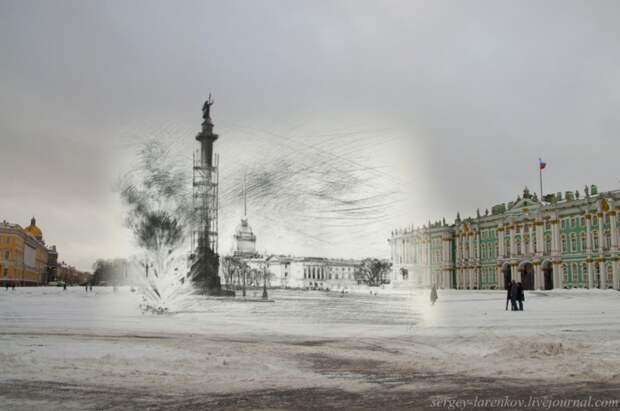 Ленинград 1942-Санкт-Петербург 2015 Дворцовая площадь. Дворцовая площадь. Рисунок Николая Павлова(1942г) Санкт - Петербург, война, россия, ссср, тогда и сейчас, эрмитаж
