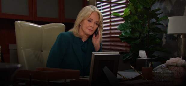 Marlena on the phone trying to find John's whereabouts on Days of Our Lives during the week of 3-10-25