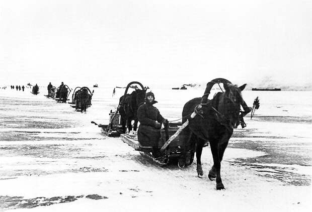 8 Порожнии обоз направляется за продуктами для блокадного Ленинграда по льду Ладожского озера.jpg