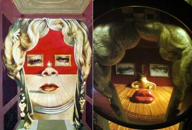 Картина «Лицо Мэй Уэст, использованное в качестве сюрреалистической комнаты» и комната-иллюзия.