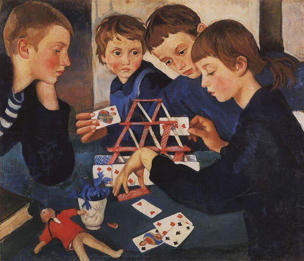 Репродукция картины Зинаиды Серебряковой "Серебряковы Женя, Саша, Таня и Катя (карточный домик, 1919)"