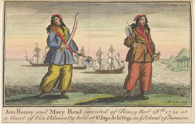 Гравюра с изображением пираток Энн Бони (слева) и Мэри Рид (справа)