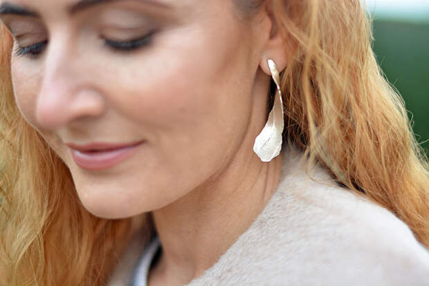 Copper hair, silver sculptural earrings
