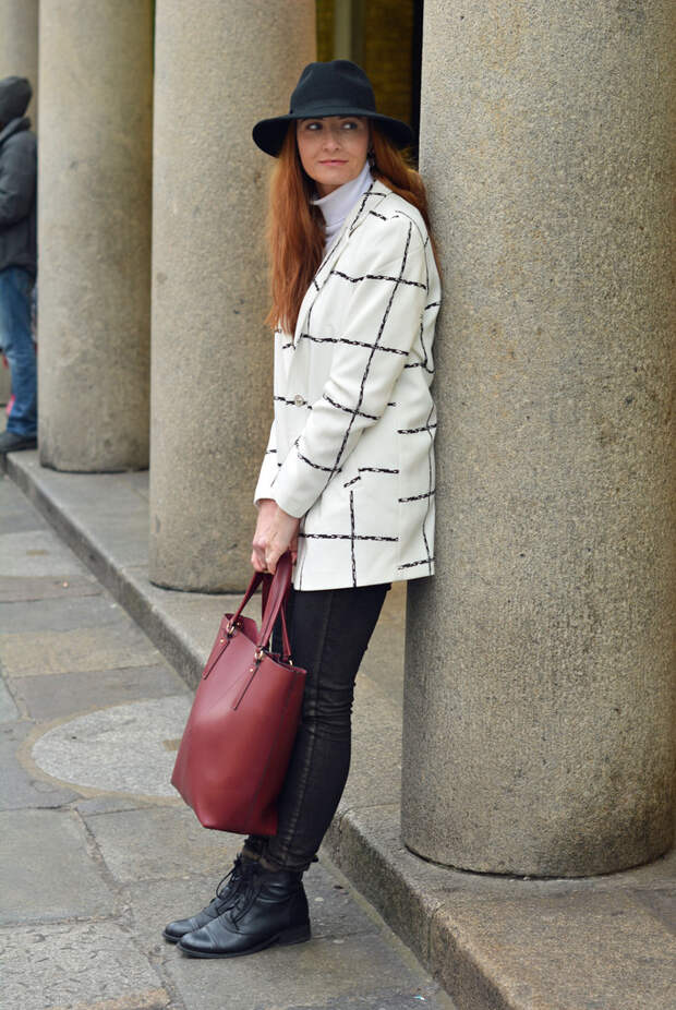 Black and white window pane check coat, roll neck and fedora