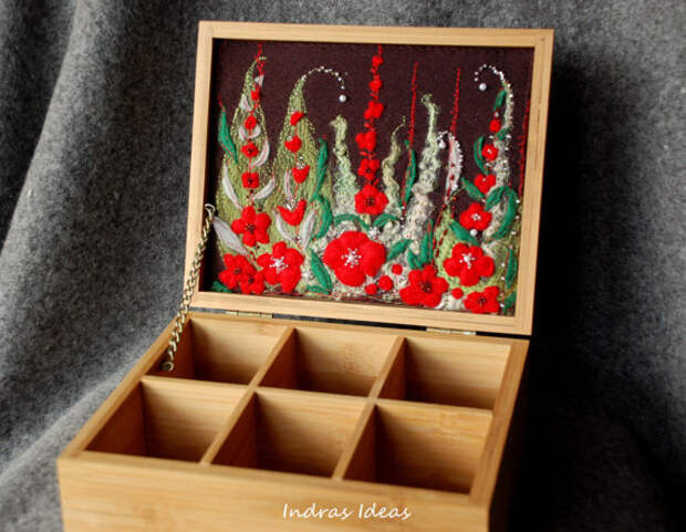 Чай коробка с красной вышивкой луговой цветок