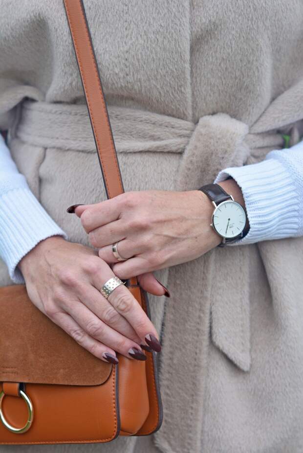 Jaeger alpaca coat, tan two-tone cross body bag