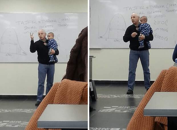 профессор взял на руки плачущего ребенка студентки