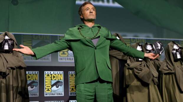 Robert Downey Jr. speaks onstage during the Marvel Studios Panel in Hall H at SDCC in San Diego, California on July 27, 2024. (Photo by Jesse Grant/Getty Images for Disney)