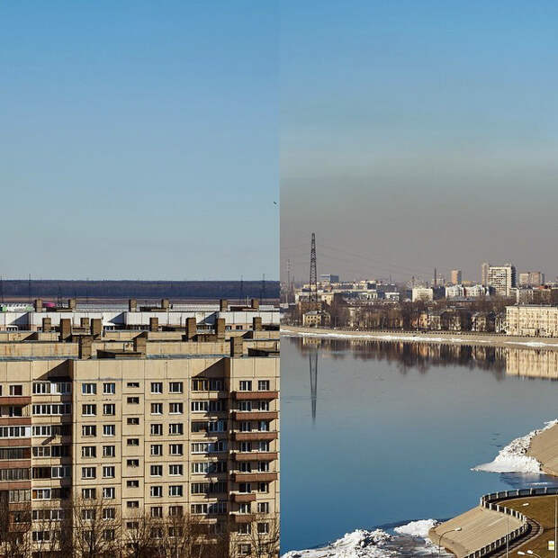 Слева вид на Ленинградскую область в сторону Разметелево, справа вид на центр СПб
