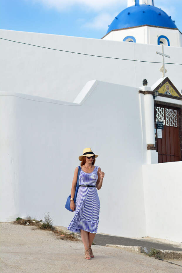 Blue and white striped dress in Santorini | Not Dressed As Lamb